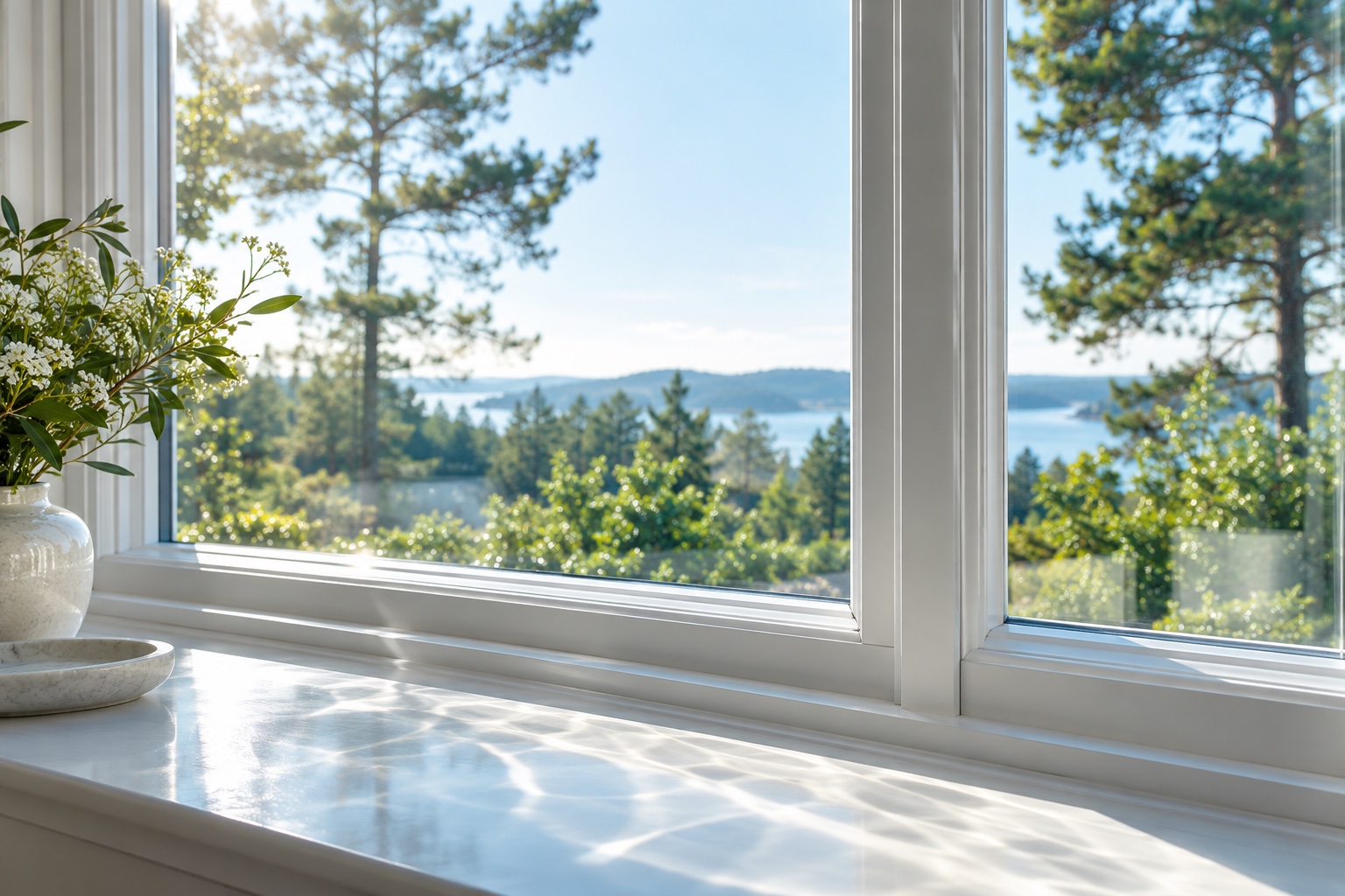 Illustrative sunlit window looking onto a pine landscape; not a client property